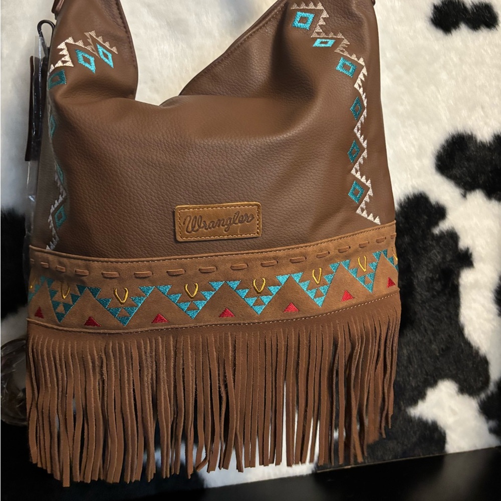 Wrangler Tan and Blue Embroidered Fringe Bag